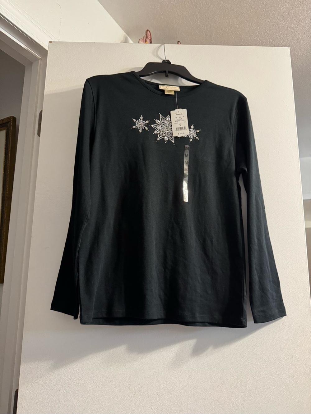 Kohl's Black Long-Sleeve Tee with Silver Snowflake Accents